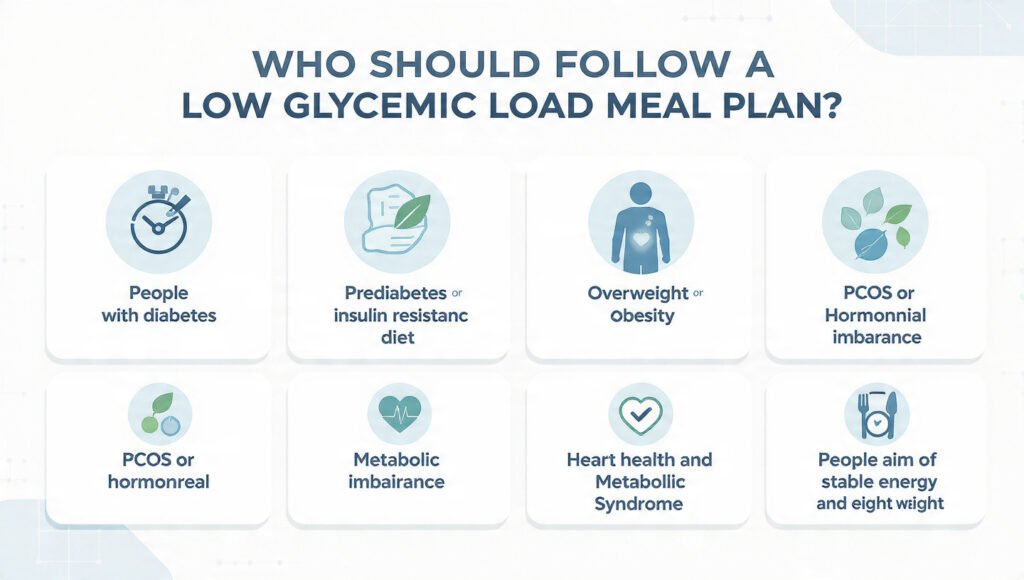 Following the low glycemic load meal plan by health condition