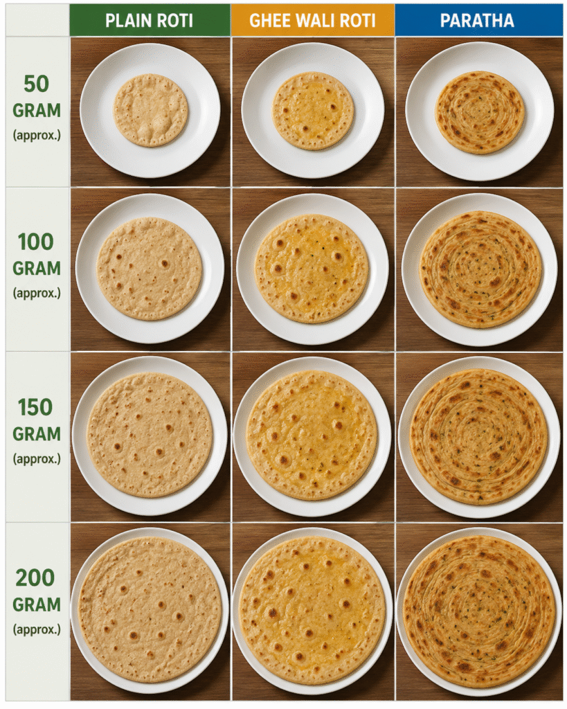 Different serving sizes of Rotis and parathas